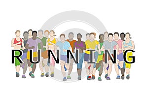 Marathon runners, Group of people running, Men and Women running with text running design using grunge brush graphic vector.