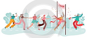 Marathon runners, sport winner at finish, athlete race, competition in city jogging and run cartoon vector illustration.
