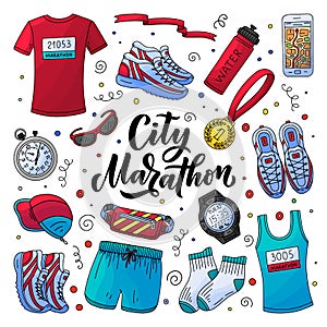 Marathon running clothing, gear and accessories essential kit. Vector doodle style illustration