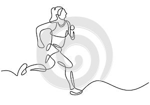 Marathon running, continuous one line drawing. Woman run with sport theme