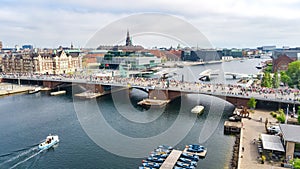 Marathon running race, aerial view of many runners on bridge from above, road racing, sport competition, Copenhagen marathon