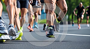 marathon running race people competing in fitness and healthy active lifestyle feet on road