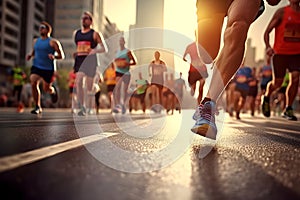 Marathon running race people feet on city road at sunrise - Ai Generated