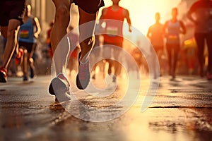 Marathon running race people feet on city road at sunrise - Ai Generated