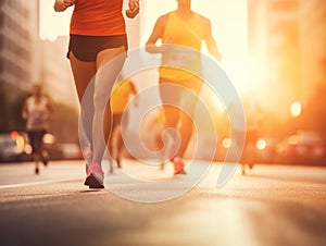 Marathon running race, people feet on city road at sunset.