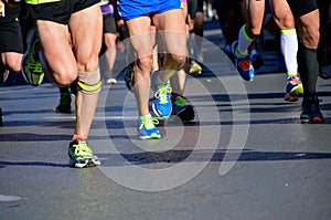 Marathon running race, people feet in shoes