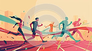 Marathon running race, people running on city street, vector illustration Generative AI