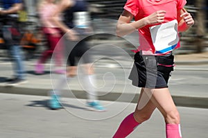 Marathon running race, woman runner on road racing, run sport competition, fitness and healthy lifestyle