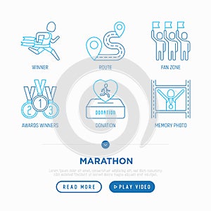 Marathon thin line icons set: runner, finish, route, award, memory photo, donation, fan zone. Vector illustration