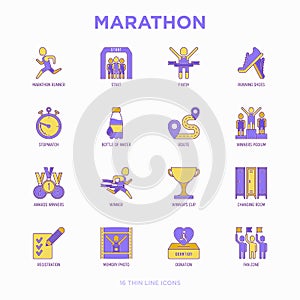 Marathon thin line icons set: runner, start, finish, running shoes, bottle of water, route, award, changing room, memory photo,