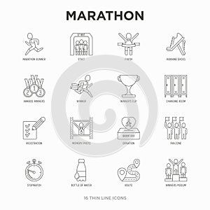 Marathon thin line icons set: runner, start, finish, running shoes, bottle of water, route, award, changing room, memory photo,