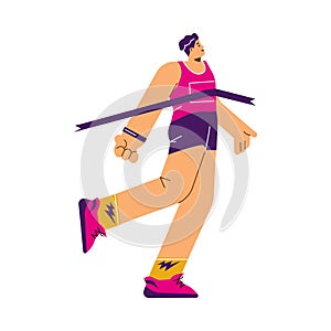 Marathon winner male character tearing the finish line flat vector isolated.