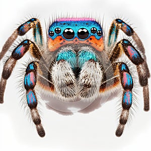 Peacock jumping spider on white