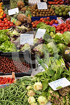 Marbella, Malaga province, Andalucia, Spain - March 18, 2019 : fresh fruits and vegetables for sale in a local farmers market