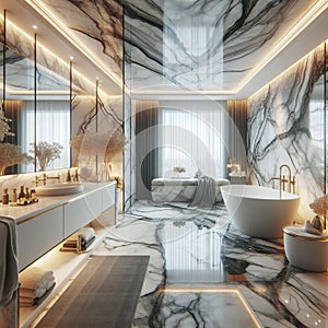 A marble tile wall in a bathroom for a luxurious spa l photo