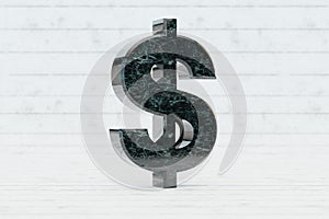 Marble 3d dollar symbol. Dark green marble sign on white wood background. 3d render