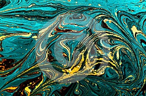 Marble abstract acrylic background. Blue marbling artwork texture. Golden glitter. Shine, creative.