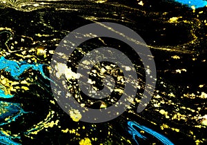 Marble abstract acrylic background. Blue marbling artwork texture. Golden glitter. Shine, creative.