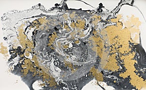 Marble abstract acrylic background. Nature black marbling artwork texture. Golden glitter.