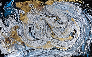 Marble abstract acrylic background. Nature blue marbling artwork texture. Gold and silver glitter.