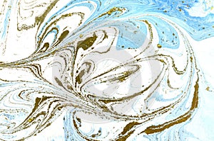 Marble abstract acrylic background. Nature blue marbling artwork texture. Golden glitter. Aqua, marbled.
