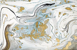 Marble abstract acrylic background. Nature marbling artwork texture. Golden glitter.