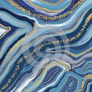 Marble agate stony seamless pattern texture background blue, grey and gold color