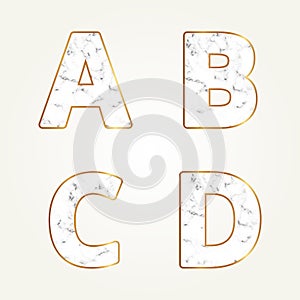Marble alphabet, signs letters A, B, C, D. Modern white marble font photo