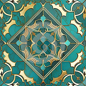 Marble art Deco arabesque seamless pattern. Luxury vector marble textured turquoise background. Decorative antique style inlaid