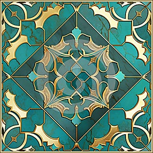 Marble art Deco floral mosaic seamless pattern with gold square frame. Ornamental grunge arabesque turquoise background.