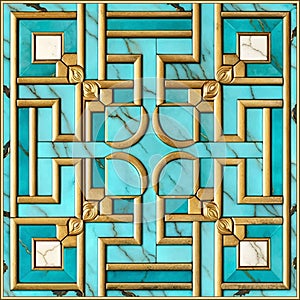 Marble art Deco turquoise blue color seamless pattern. Gold square frame, border. Luxury stone textured geometric background.