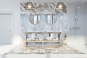 Marble bathroom, double sink round mirrors