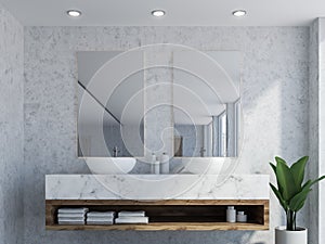 Marble bathroom interior, double sink close up