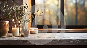 Marble bathroom interior with window natural materials in warm earthy tones. Body care products green plants