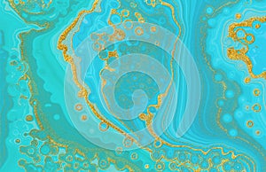 Marble blue and gold abstract background. Navy turquoise pattern digital imitation in ocean water style.
