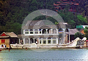 Marble boat of empress Cixi in summer palace, Beijing, China.