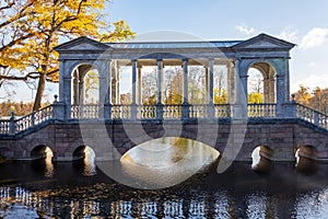 Marble bridge in autumn in Catherine park, Tsarskoe Selo, Saint Petersburg, Russia