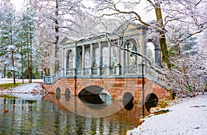 Marble bridge in Catherine park in winter, Tsarskoe Selo Pushkin, Saint Petersburg, Russia