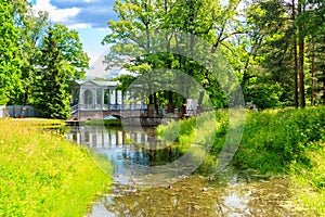 Marble bridge or Siberian Marble Gallery is a decorative pedestrian roofed Palladian bridge gallery walkway in Catherine Park