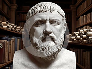 marble bust of the philosopher Plato, beautifully illuminated by soft, natural light coming from the side