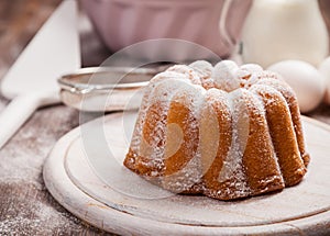 Marble cake with baking utensils