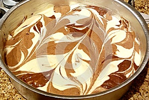 Marble cake batter ready to go to oven
