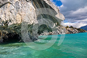 Marble caves Capillas del Marmol, General Carrera lake, landscape of Lago Buenos Aires, Patagonia, Chile photo