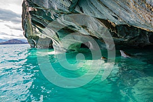 Marble caves Capillas del Marmol, General Carrera lake, landscape of Lago Buenos Aires, Patagonia, Chile