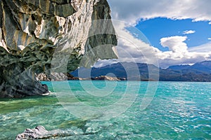 Marble caves Capillas del Marmol, General Carrera lake, landscape of Lago Buenos Aires, Patagonia, Chile photo