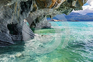 Marble caves Capillas del Marmol, General Carrera lake, landscape of Lago Buenos Aires, Patagonia, Chile photo