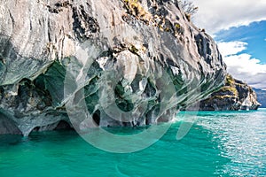 Marble caves Capillas del Marmol, General Carrera lake, landscape of Lago Buenos Aires, Patagonia, Chile photo