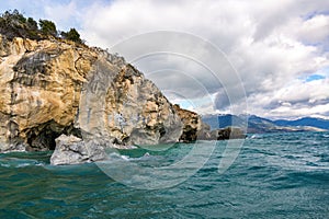 Marble caves Capillas del Marmol, General Carrera lake, landscape of Lago Buenos Aires, Patagonia, Chile photo