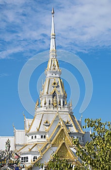 Marble church/temple Wat Sothorn, landmark in Chachoengsao with sky background.