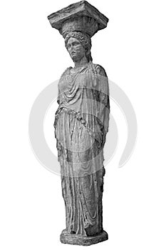 Marble column Caryatid isolated on a white background. Ancient greek stone sculpture